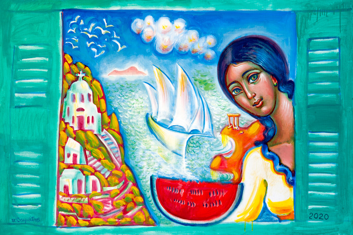 Παράθυρο στο Αιγαίο, 2020, ακρυλικό σε μουσαμά, 120*80