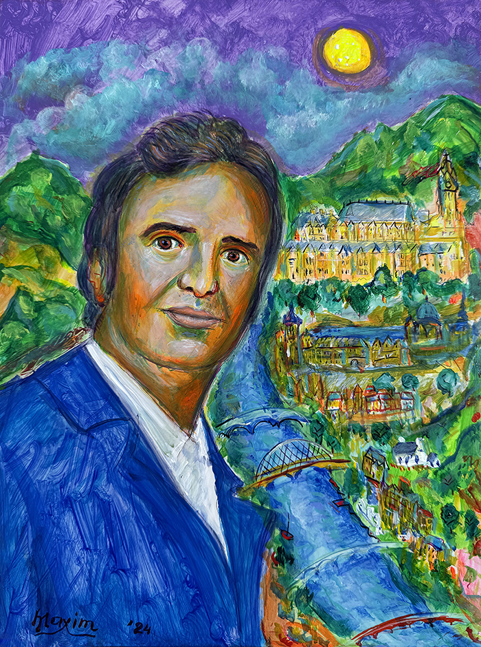 "Crossing Boundaries: The Journey of Professor Zizioulas from Greece to Scotland", acrylic on gesso board, Bishop Maxim, 2024