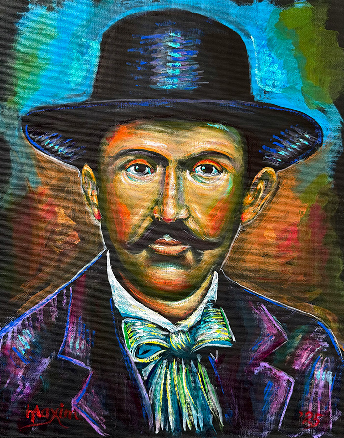 "A Hat Full of Stories: Svetozar Ćorović", acrylic on canvas panel, Bishop Maxim, 2025