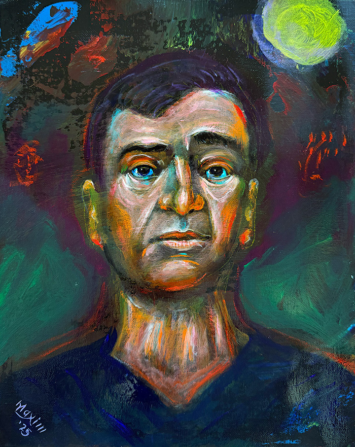 "Threshold and Grace: Dr. Peško", acrylic on canvas panel, Bishop Maxim, 2025