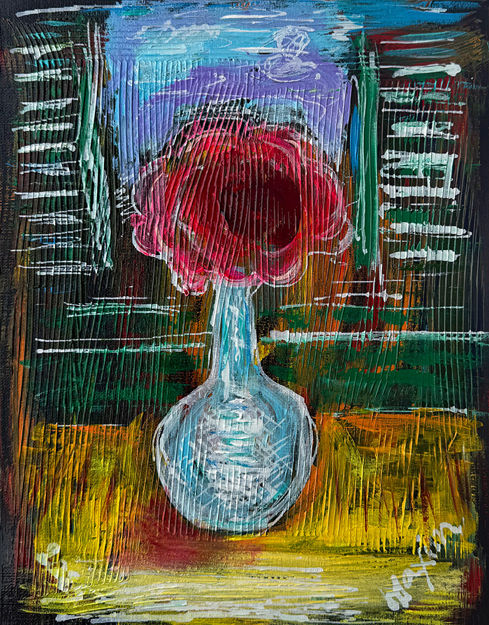 "Red Bloom by the Window", acrylic on canvas panel, Bishop Maxim, 2025