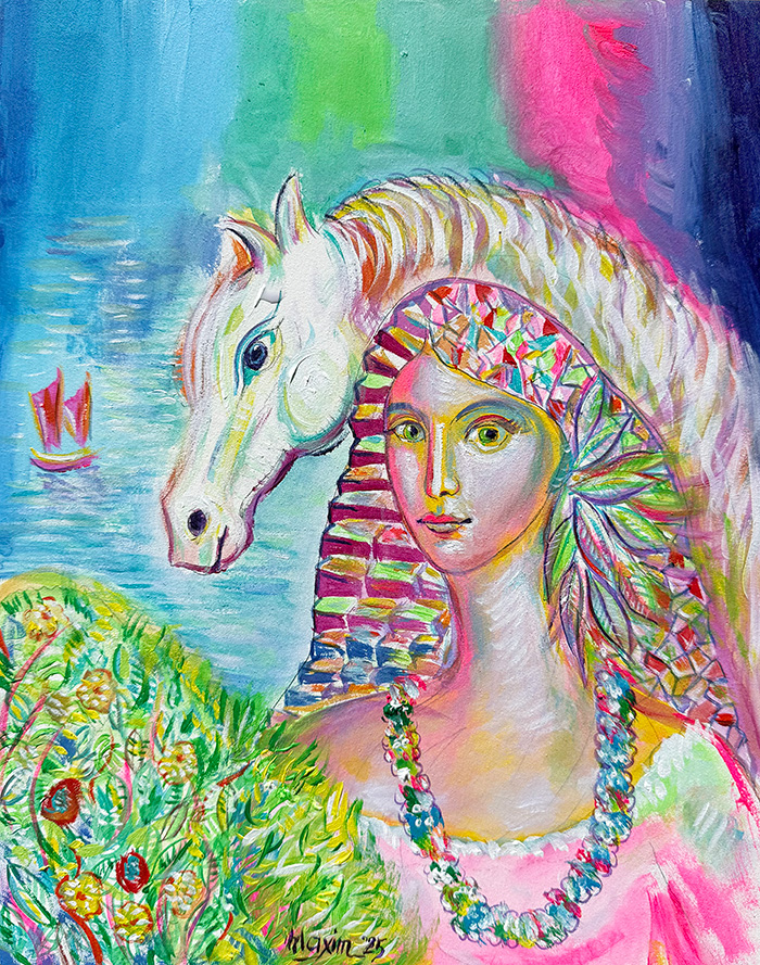 "The Girl Swifter than a Horse", acrylic on gesso board, Bishop Maxim, 2025