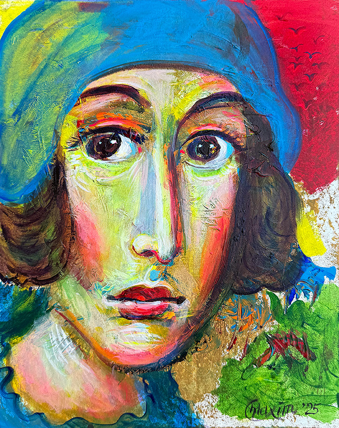 "Portrait of Isadora Duncan", acrylic on gesso board, San Marino, Bishop Maxim, 2025