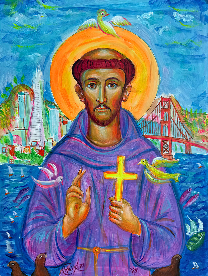 "Francis of Assisi in San Francisco", acrylic on gesso board, Bishop Maxim, 2025